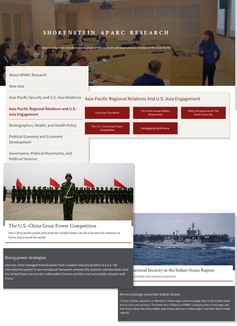 screenshots of APARC's newly designed resaarch main page and project pages on the U.S.-China competition and international security in the Indian Ocean