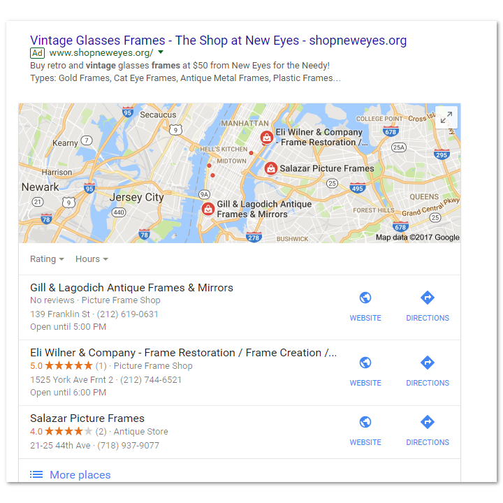 Screenshot of Google's Local 3-Pack for search query 'antique frame' in the NYC area