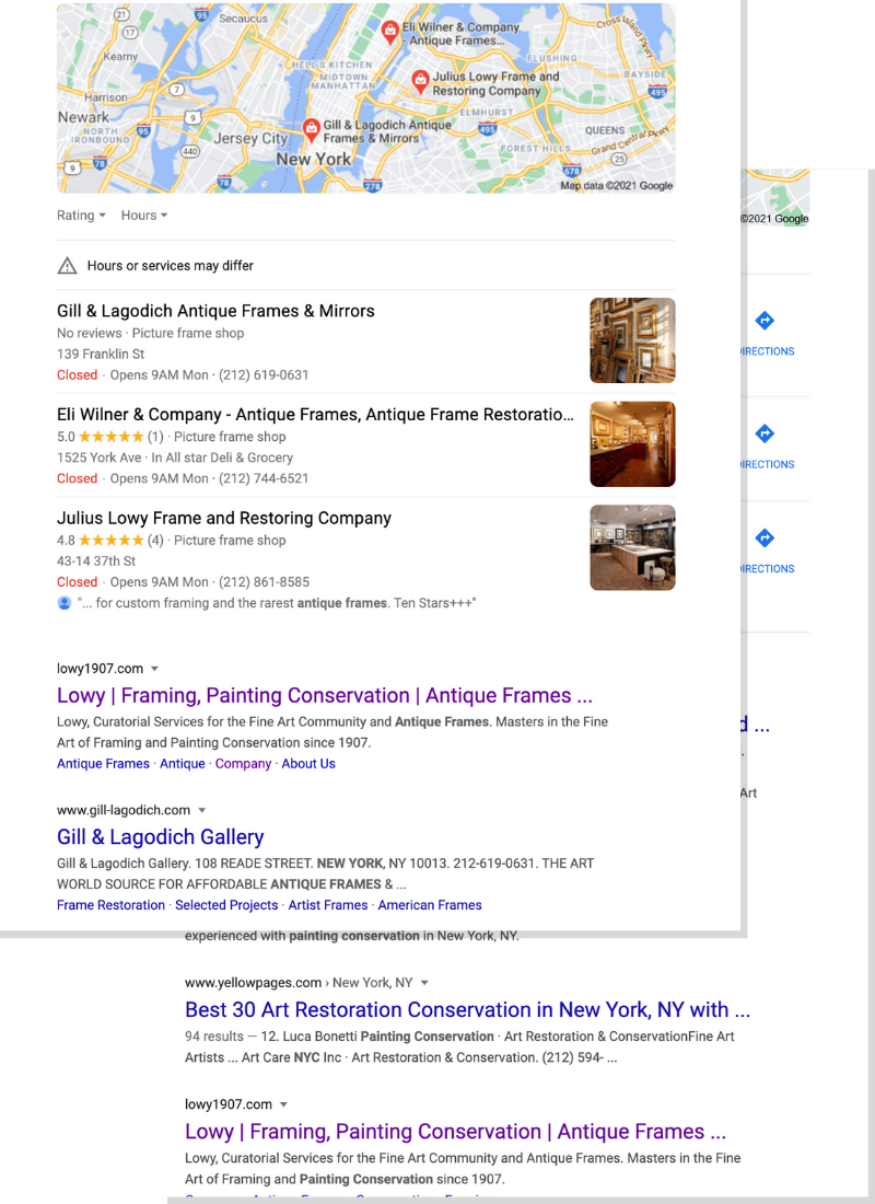 Screenshots of Google first search results pages for queris 'antique frames' and 'art conservation.'