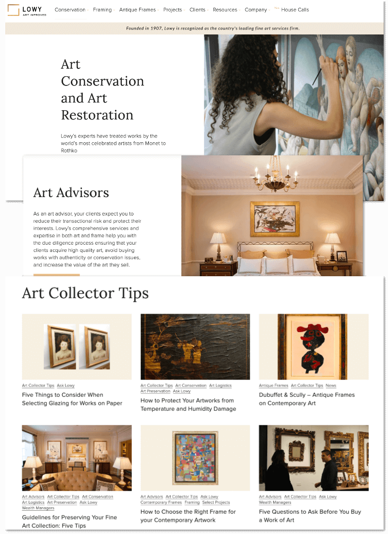 Screenshots of Lowy's webpage snippets on art conservation, art collector tips, and solutions for art advisors.