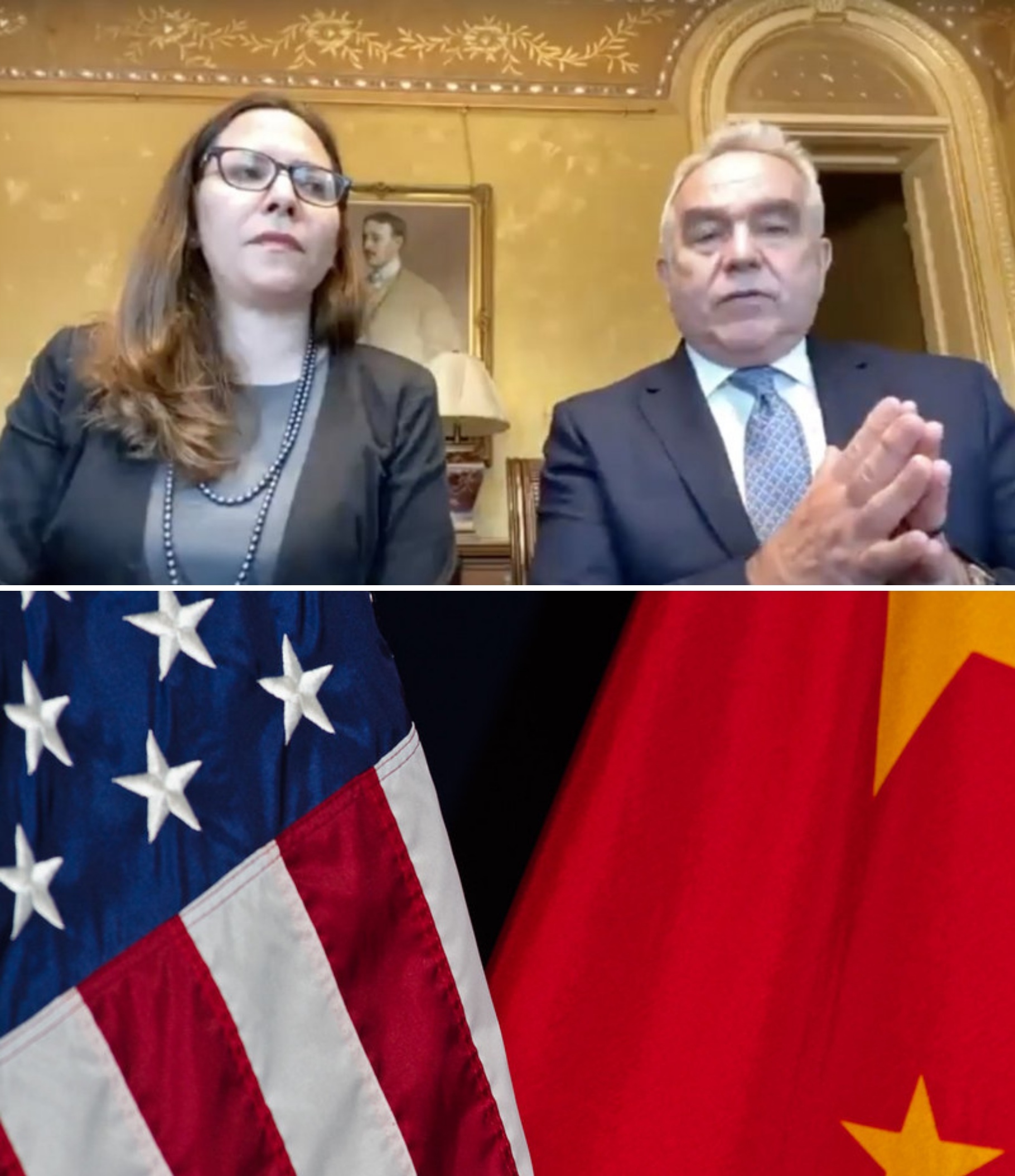 Kurt Campbell and Laura Rosenberger speaking in a conference room plus a stock image of U.S. and China flags