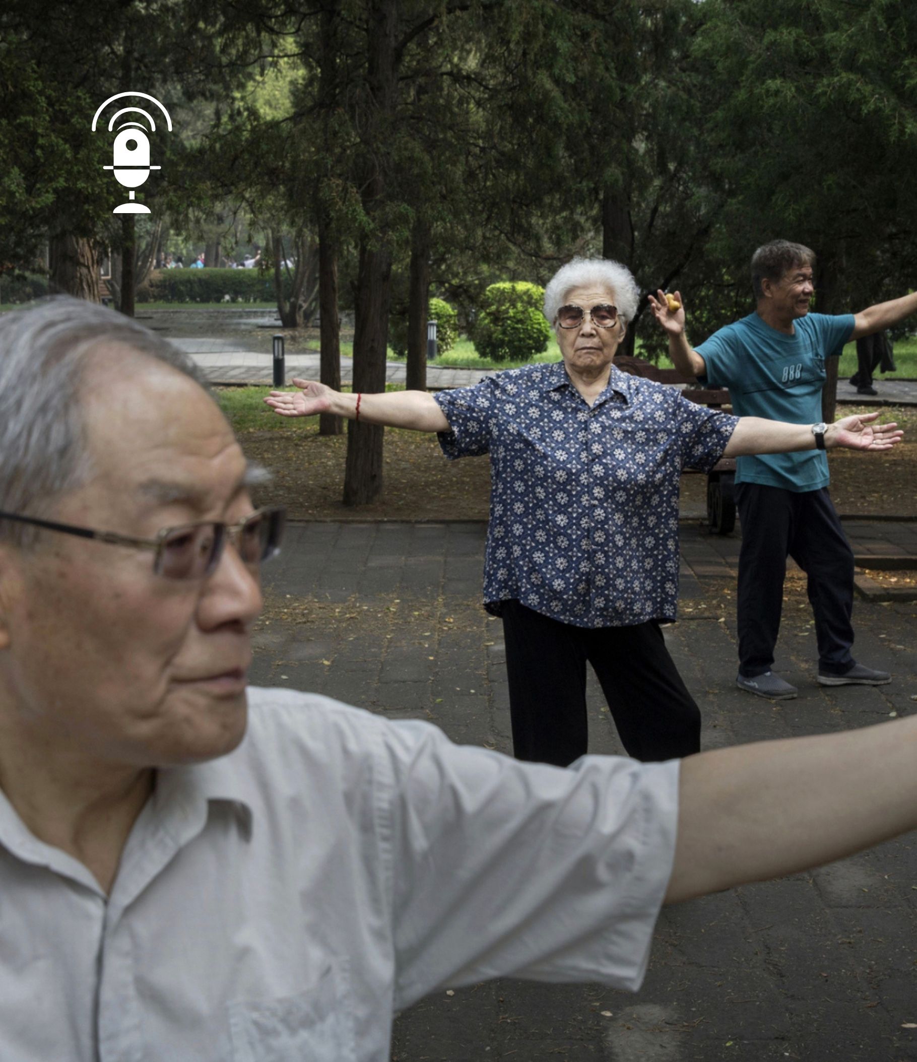 Elderly people doing yoga in a park in South Korea