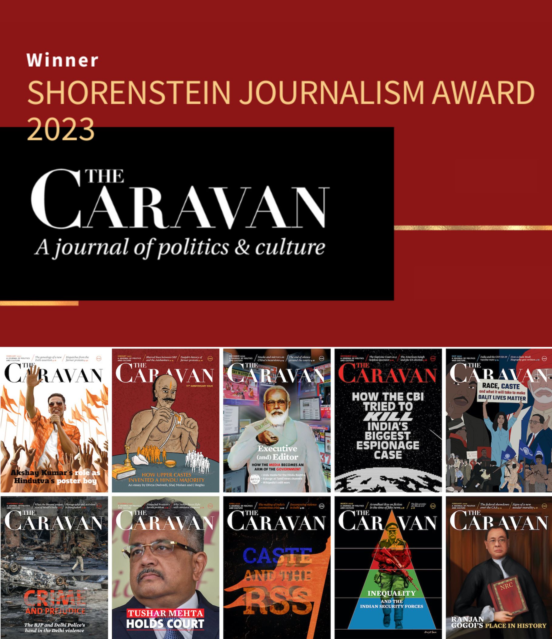 The Caravan issue covers anad text 'Winner of the 2023 Shorenstein Journalism Award'